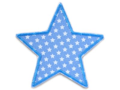 Stern Aufnäher zum aufbügeln aus hellblauem Baumwollstoff mit kleinen Sternchen Allover, 10 x 10 cm, Stern-Bügelflicken für Kinderhosen und Jeans handmade Berlin