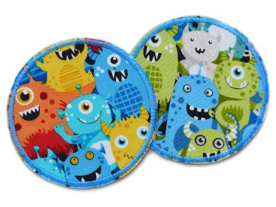 runde Hosenflicken mit bunten Monstern in 2 Farben, Bügelflicken für Kinder aus reißfestem Baumwollstoff, – Alien Monster Hosenflicken Ø 8 cm bunt und blau-grün, Bügelflicken handmade Berlin