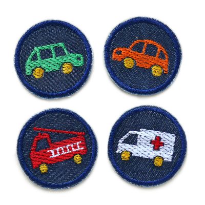 4er Set runde Mini-Jeansflicken aus dunkelblauem Jeansstoff mit gestickten Fahrzeugmotiven – Auto, Feuerwehr und Krankenwagen in verschiedenen Farben, ø 4 cm, zum Aufbügeln auf Kinderhosen, handmade Berlin