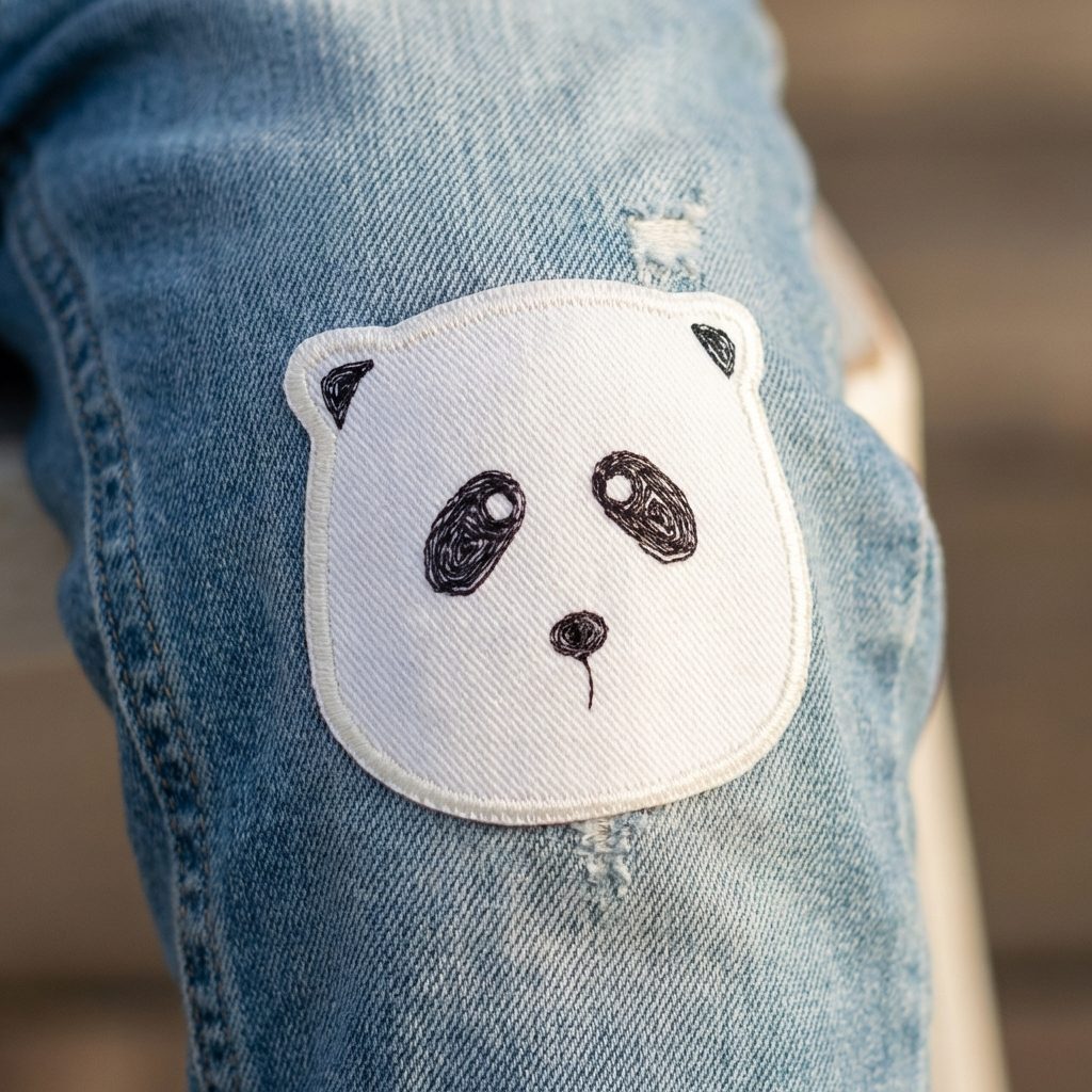Pandabär-Bügelflicken auf Kinderhose aufgebügelt, weißer Jeansstoff 8 x 8 cm mit einzelnem gestickten Panda, Hosenflicken Kinder Bügelflicken handmade Berlin