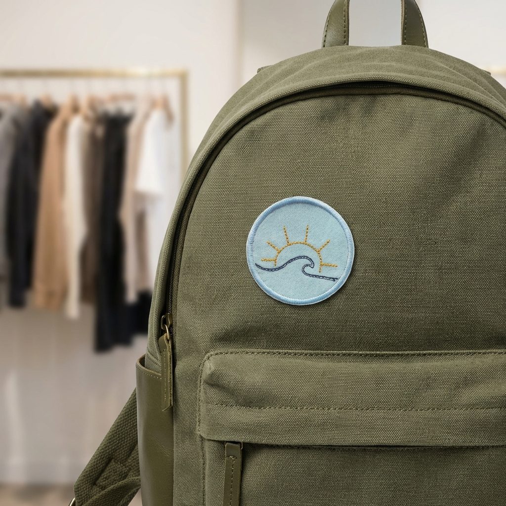 Sonne-und-Meer-Aufnäher auf Rucksack, hellblauer Jeansflicken Ø 6 cm mit Sonnenuntergang-Stickerei, maritimer Bügelflicken oder Deko-Patch, Piratenbande Berlin