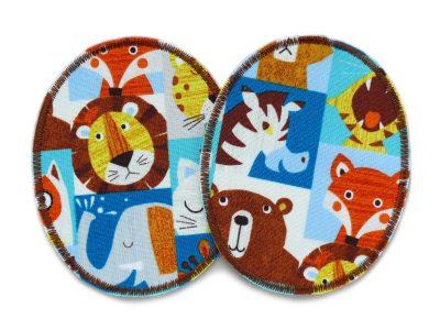 2 Dschungeltier-Knieflicken aus braunem Baumwollstoff mit bunten wilden Tieren – Löwen Tiger Elefanten Zebras – jeweils 8 x 10 cm, ovale Bügelflicken für Kinderhosen handmade Berlin, Unikat