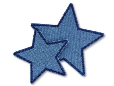 Stern Jeans Aufnäher mittelblau in 2 Größen 7,5 cm und 10 cm aus mittelblauem Jeansstoff mit dunkelblauer Umrandung, Stern-Bügelflicken sternförmig für Kinderhosen handmade Berlin