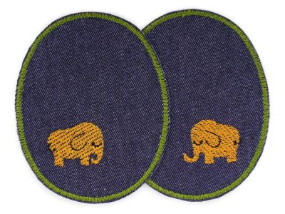 2 Elefanten-Knieflicken aus dunkelblauem Jeansstoff mit gestickten ockerfarbenen Elefanten, jeweils 8 x 10 cm, ovale Jeansflicken für Kinderhosen handmade Berlin