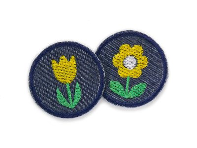 Mini Jeansflicken mit gelber Blume und gelber Tulpe, Mini Patches zum aufbügeln – Blume & Tulpe Mini-Patches gelb Ø 4 cm auf dunkelblauem Jeansstoff, Mini-Bügelflicken handmade Berlin
