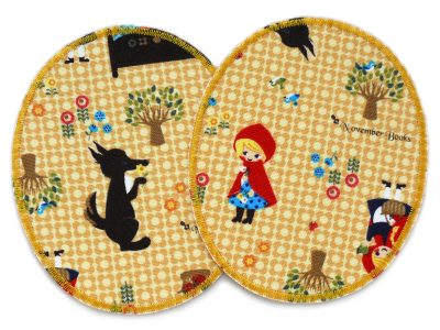2 XL Knieflicken Rotkäppchen und Wolf aus ockerfarbenem Baumwollcanvas, jeweils 10 x 12 cm, Märchen-Bügelflicken für Kinderhosen Unikat handmade Berlin