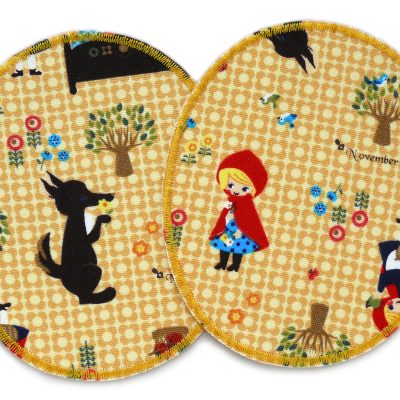 2 XL Knieflicken Rotkäppchen und Wolf aus ockerfarbenem Baumwollcanvas, jeweils 10 x 12 cm, Märchen-Bügelflicken für Kinderhosen Unikat handmade Berlin