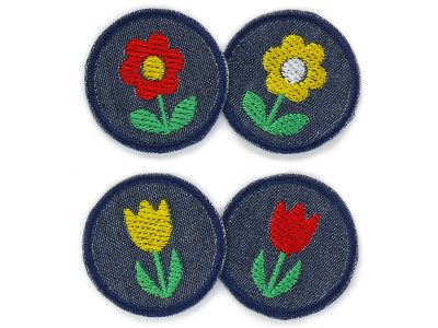 4 Mini Blumen Patches mit aufgestickter Blume & Tulpe aus dunkelblauem Jeansstoff, als Accessoire oder kleine Bügelflicken für die Jeans, Ø 4 cm, handmade Berlin