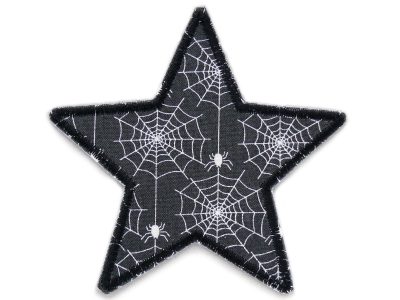 Stern Spinnennetze Bügelflicken aus dunkelgrauem Baumwollstoff mit weißen Spinnennetzen, 10 x 10 cm, Stern-Bügelflicken Halloween Gothic handmade Berlin