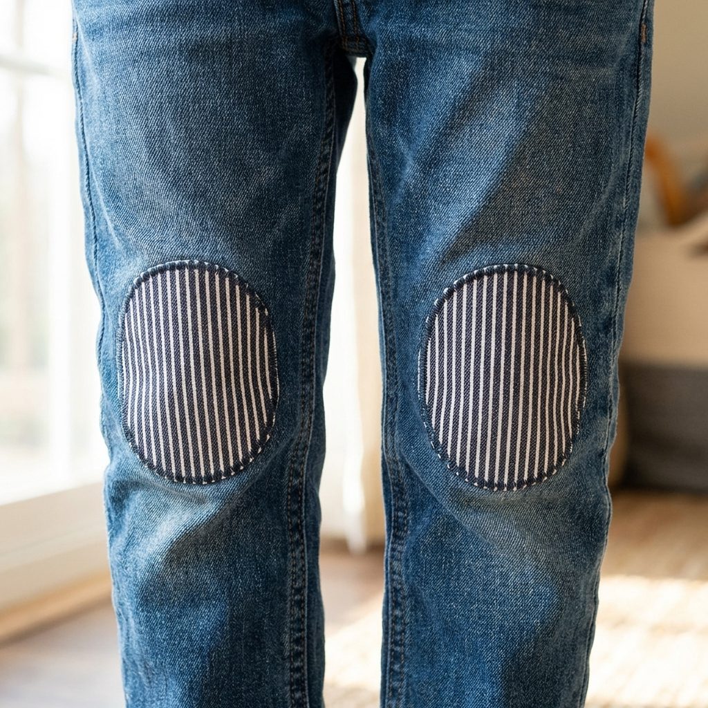 ovale Jeansflicken zum aufbügeln grau hell gestreift, Bügelflicken für Kinder, 2 Größen, handmade in Berlin