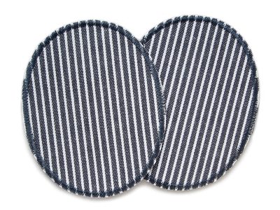 Knieflicken zum Aufbügeln mit grauen Streifen – 2 ovale Jeansflicken aus dunkelgrau-hell gestreiftem Oshkosh-Jeansstoff, 8 x 10 cm oder 10 x 12 cm, Bügelflicken für Kinder und Erwachsene handmade Berlin
