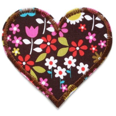 Herz Aufnäher Retro Blumen braun, 8,5 x 8 cm