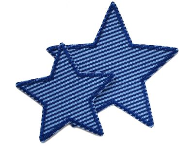 Stern Jeansflicken blau gestreift in 2 Größen 7,5 cm und 10 cm aus hellblau-dunkelblau gestreiftem Jeansstoff mit blauer Umrandung, Stern-Bügelflicken handmade Berlin