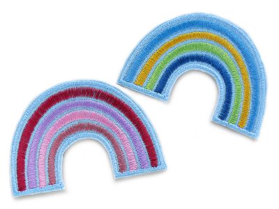 Gestickter Pastell-Regenbogen-Aufnäher aus Jeansstoff in 2 Farbvarianten: Flieder-Rosa und Blau-Grün, 7 x 5 cm, Bügelflicken zum Aufbügeln handmade Berlin