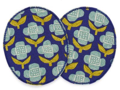 2 XL Knieflicken Retro Blumen aus dunkelblauem Baumwollcanvas mit türkisfarbenen Blumen und olivgrünen Blättern, jeweils 10 x 12 cm, türkise Blumen auf dunkelblauem Canvas