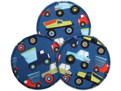 Monstertrucks Bügelflicken Ø 8 cm, petrolfarbener Baumwollstoff mit Fahrzeugmotiven, Hosenflicken handmade Berlin Piratenbande