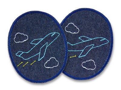 2 Flugzeug-Knieflicken aus dunkelblauem Jeansstoff mit aufgestickten hellblauen Flugzeugen und weißen Wolken, jeweils 8 x 10 cm, Bügelflicken für Kinderhosen Flieger-Fans handmade Berlin