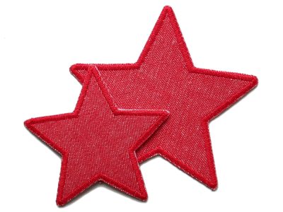 Rote Stern-Bügelflicken 7,5 cm und 10 cm aus rotem Jeansstoff mit roter Garnumrandung, Stern-Aufnäher für Kinderhosen und Jeans handmade Berlin