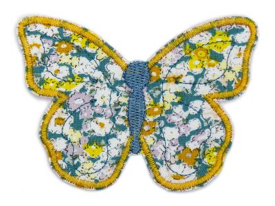 Großer Schmetterling-Patch aus gelb-weiß geblümtem Baumwollstoff mit bunter Stickerei, 9,5 x 7 cm, Schmetterling-Aufnäher zum Aufbügeln auf Jacken Hosen und Taschen handmade Berlin