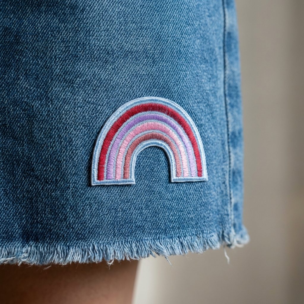 Regenbogen Aufnäher gestickt in Pastelltönen Flieder-Rosa, auf einen Jeansrock aufgebügelt, Bügelflicken 7 x 5 cm für Hosen, Röcke, Jacken und Taschen, handmade in Berlin