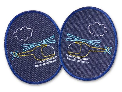 2 Hubschrauber-Knieflicken aus dunkelblauem Jeansstoff mit bunten gestickten Hubschraubern in Gelb Hellblau Weiß, jeweils 8 x 10 cm, Bügelflicken für Kinderhosen handmade Berlin