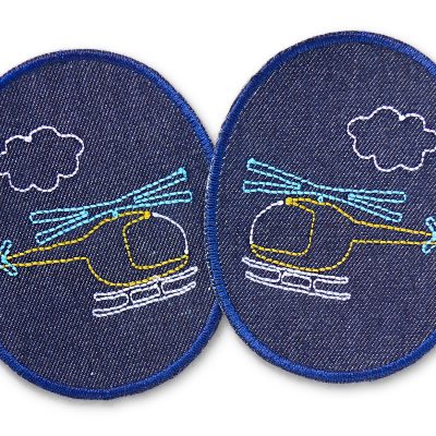 2 Hubschrauber-Knieflicken aus dunkelblauem Jeansstoff mit bunten gestickten Hubschraubern in Gelb Hellblau Weiß, jeweils 8 x 10 cm, Bügelflicken für Kinderhosen handmade Berlin