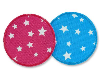 Runde Bügelflicken mit hellen Sternchen in Pink und Hellblau, Ø 8 cm aus Baumwollcanvas, Stern-Hosenflicken zum Aufbügeln für Kinderhosen handmade Berlin