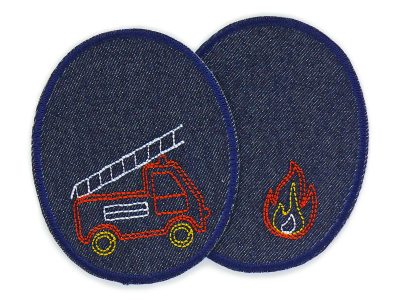 Jeansflicken für Kinder mit Feuerwehr – 2 ovale Knieflicken aus dunkelblauem Jeansstoff mit gesticktem Feuerwehrauto und Feuer, jeweils 8 x 10 cm, Bügelflicken handmade Berlin
