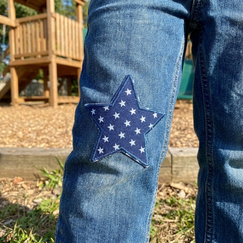 Stern-Jeansflicken dunkelblau mit Sternchen-Allover auf Kinderhose aufgebügelt, 10 x 10 cm, Bügelflicken Hosenflicken handmade Berlin Piratenbande