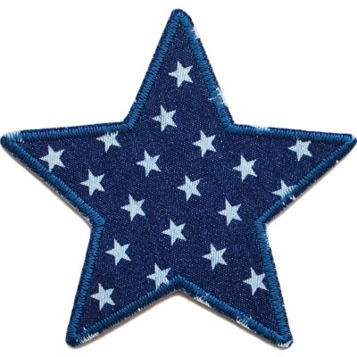 Stern-Jeansflicken aus dunkelblauem Jeansstoff mit hellem Sternchen-Allover-Muster, 10 x 10 cm, Aufnäher zum Aufbügeln auf Kinderhosen und Jeans, handmade Berlin