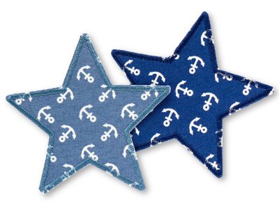 Stern Aufnäher mit weißen Ankern in 2 Farben, maritimer Bügelflicken in Sternform, anker allover muster – Stern-Bügelflicken 10 x 10 cm dunkelblau oder jeansblau-grau, handmade Berlin