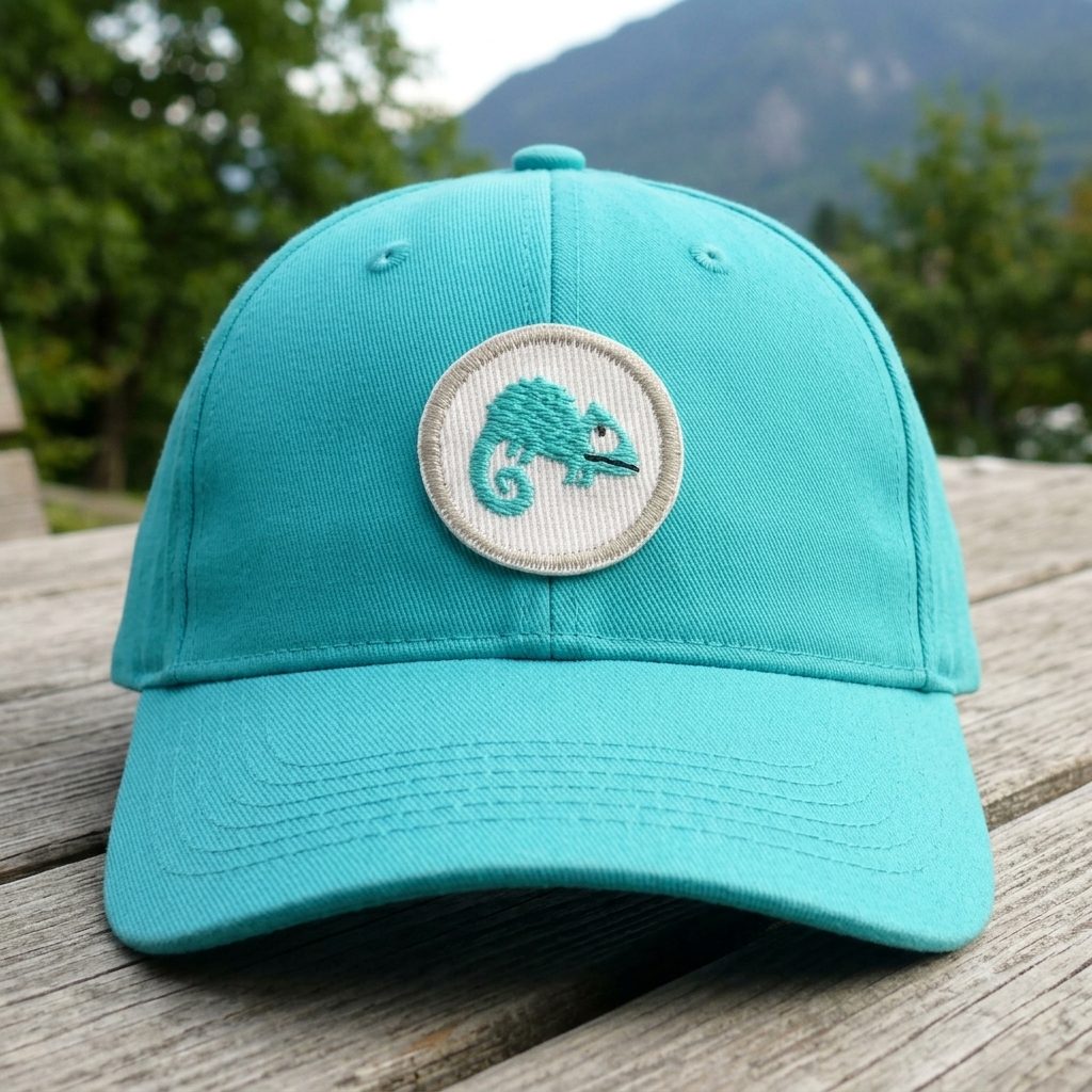 Chamäleon Mini Patch Ø 4 cm auf Cap aufgebügelt, weißer Jeans mit türkisem Chamäleon, Deko-Bügelflicken handmade Berlin Piratenbande