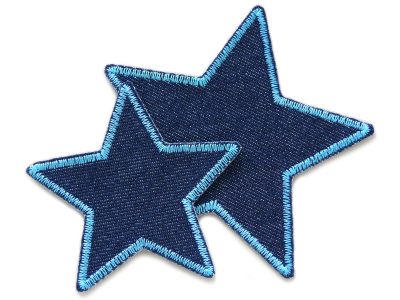 Stern Jeans Aufnäher hellblau in 2 Größen 7,5 cm und 10 cm aus dunkelblauem Jeansstoff mit hellblauer Garnumrandung, Stern-Bügelflicken sternförmig für Kinderhosen handmade Berlin