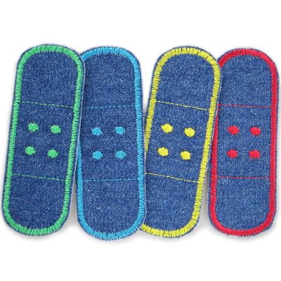 Set 4 Pflaster Flicken mit farbiger Umrandung jeweils 8,5 x 3 cm – aus blauem Jeansstoff mit Umrandung in Grün, Petrol, Gelb & Rot, handmade in Berlin