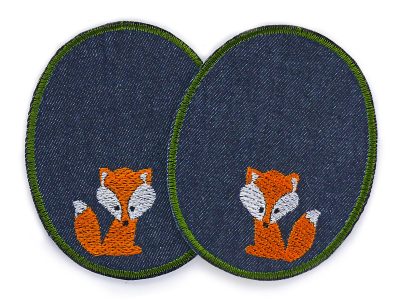 Fuchs Knieflicken aus dunkelblauem Jeansstoff mit orange-weißen Füchsen Allover-Muster, jeweils 8 x 10 cm, ovale Jeansflicken für Kinderhosen zum Aufbügeln handmade Berlin