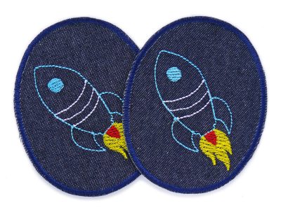 Zwei ovale Knieflicken aus dunkelblauem Jeansstoff mit bunten gestickten Raketen, jeweils 8 x 10 cm, Bügelflicken zum Aufbügeln auf Kinderhosen und Jeans, handmade Berlin