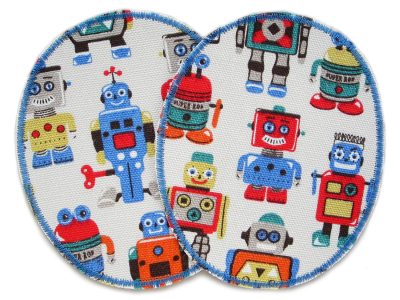 Große Roboter-Knieflicken aus hellem Baumwollcanvas mit bunten Retro-Spielzeugrobots, 10 x 12 cm, XL Bügelflicken für Kinderhosen Unikat handmade Berlin