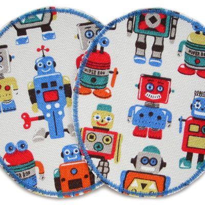 Große Roboter-Knieflicken aus hellem Baumwollcanvas mit bunten Retro-Spielzeugrobots, 10 x 12 cm, XL Bügelflicken für Kinderhosen Unikat handmade Berlin
