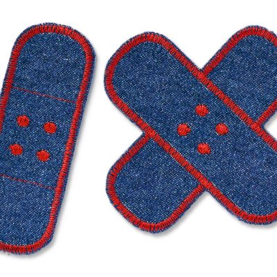 2 Jeansflicken Pflaster zum aufbügeln auf Jeansstoff mit Garnumrandung in rot, Hosenflicken Jeans