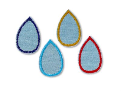 4 Regentropfen Bügelpatches aus hellblauem Jeansstoff mit bunter Stickerei, jeweils 3,5 x 2,5 cm, Bügelbilder zum Aufbügeln, handmade Berlin
