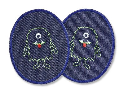 2 Monster-Knieflicken aus dunkelblauem Jeansstoff mit kleinen einäugigen grünen Monstern, jeweils 8 x 10 cm, Bügelflicken für Kinderhosen handmade Berlin
