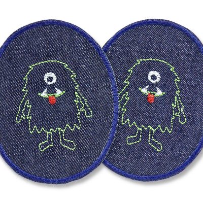 2 Monster-Knieflicken aus dunkelblauem Jeansstoff mit kleinen einäugigen grünen Monstern, jeweils 8 x 10 cm, Bügelflicken für Kinderhosen handmade Berlin