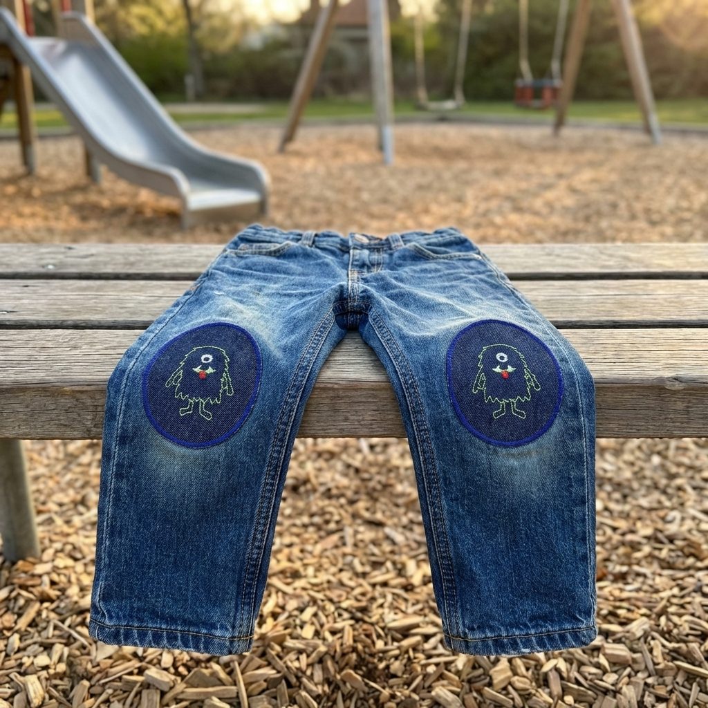 Monster-Knieflicken auf Kinderhose aufgebügelt, dunkelblauer Jeansstoff 8 x 10 cm mit einäugigem grünen Monster, Bügelflicken für Kinder, Jeansflicken zum aufbügeln, Aufnäher handmade Berlin
