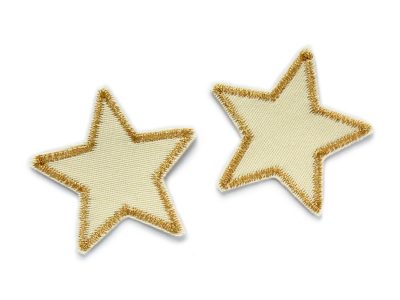 2 Glitzer Stern Jeansflicken gold aus naturfarbenem Jeansstoff mit goldfarbenem Metallicgarn-Umrandung, jeweils 5 x 5 cm, Glitzer-Bügelflicken sternförmig handmade Berlin