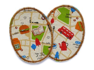 2 Citylife-Knieflicken aus hellem Baumwollcanvas mit buntem Stadtplan-Muster – Straßen, Parks, Cafés und Häuser – jeweils 6 x 8 cm, Bügelflicken für schmale Kinderhosen handmade Berlin