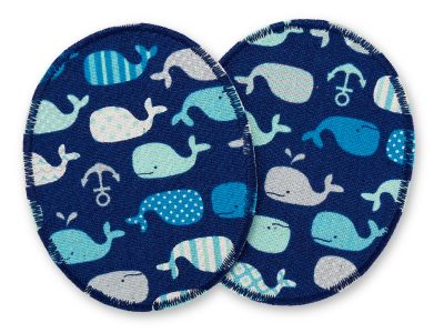 2 Wal-Knieflicken aus dunkelblauem Baumwollcanvas mit Walen und Ankern Allover-Muster, jeweils 8 x 10 cm, ovale Bügelflicken für Kinderhosen maritim handmade Berlin