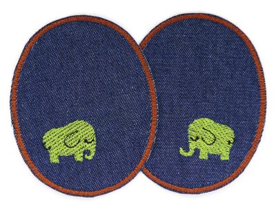 2 Elefanten-Knieflicken aus dunkelblauem Jeansstoff mit gestickten hellgrünen Elefanten, jeweils 8 x 10 cm, ovale Jeansflicken für Kinderhosen handmade Berlin