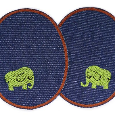 2 Elefanten-Knieflicken aus dunkelblauem Jeansstoff mit gestickten hellgrünen Elefanten, jeweils 8 x 10 cm, ovale Jeansflicken für Kinderhosen handmade Berlin