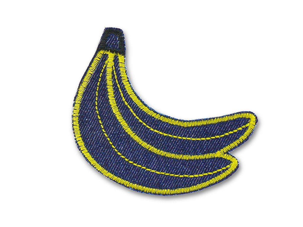 Banane Patch Jeansflicken 7,5 x 6 cm aus dunkelblauem Jeansstoff mit gestickter gelber Banane, Bananen-Bügelflicken handmade Berlin