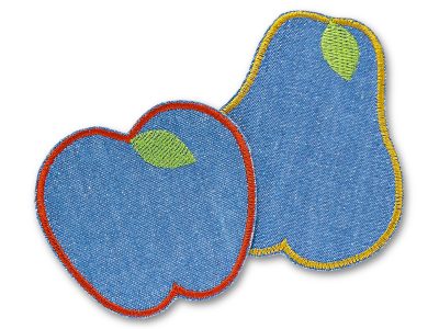 Apfel und Birne Aufnäher zum aufbügeln, Jeansflicken für Kinder, – Apfel 8 x 7 cm mit roter Umrandung und Birne 8 x 9 cm mit goldgelber Umrandung auf mittelblauem Jeans, Bügelflicken handmade Berlin